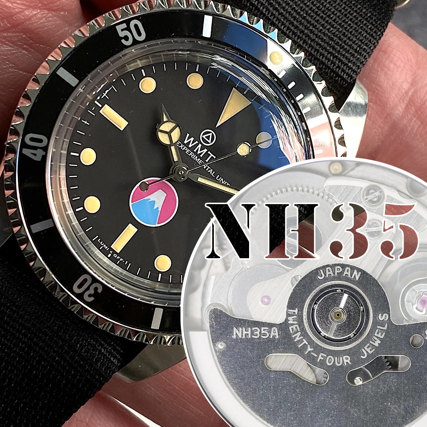 Seiko NH35 Movement strapcode watch bands WMT Royal Marine Fuji MT watch close up