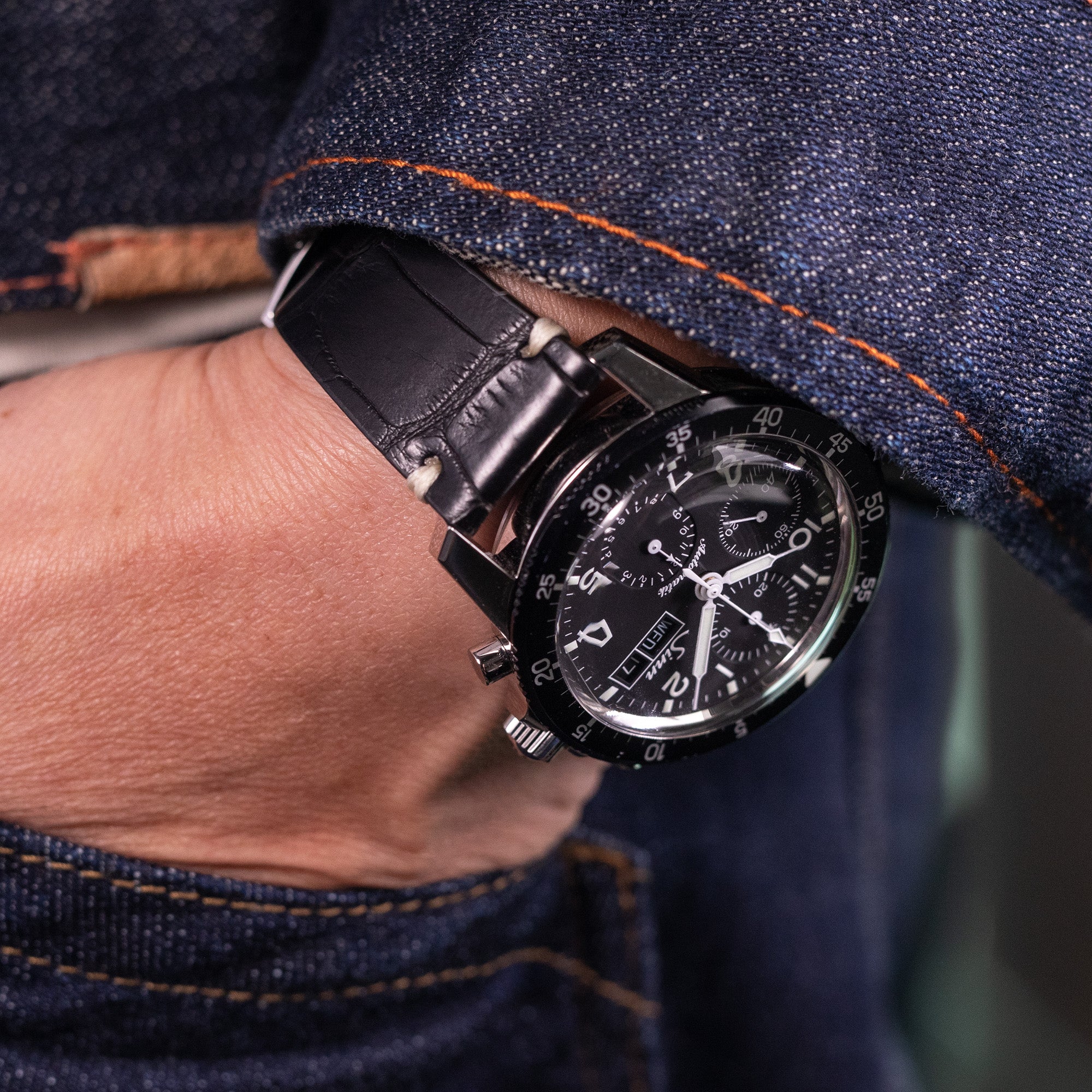 Sinn 103 ST Pilot Chronograph pairs with Alligator Leather Watch Strap from Strapcode 