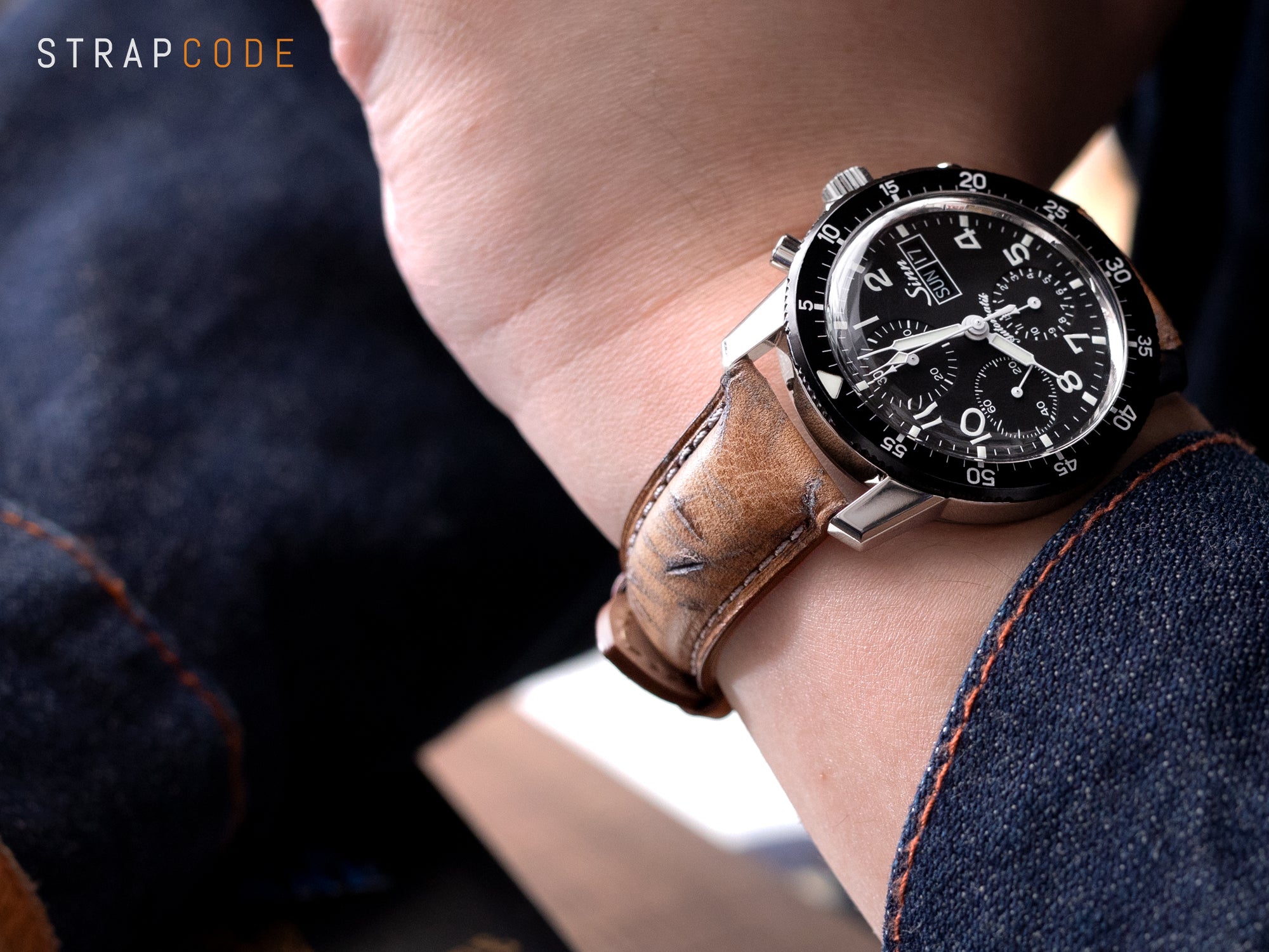 Sinn 103 ST Pilot Chronograph pairs with Handcrafted Italian Heavy Scratch Leather Watch Strap from Strapcode 