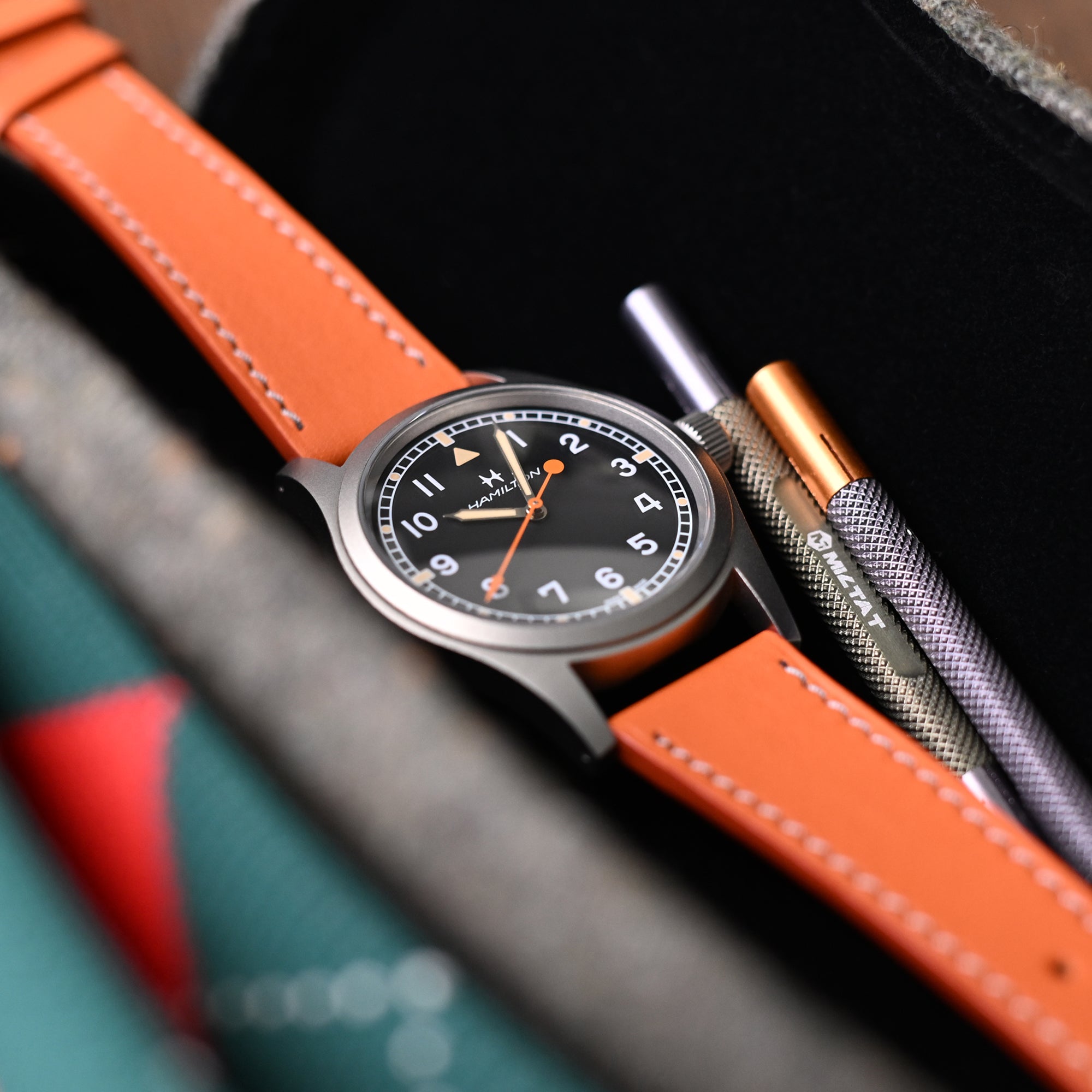 Q.R. 20mm Orange Tapered Leather Watch Band, Light Grey Stitching + Zermatt Strapcode Watch Bands