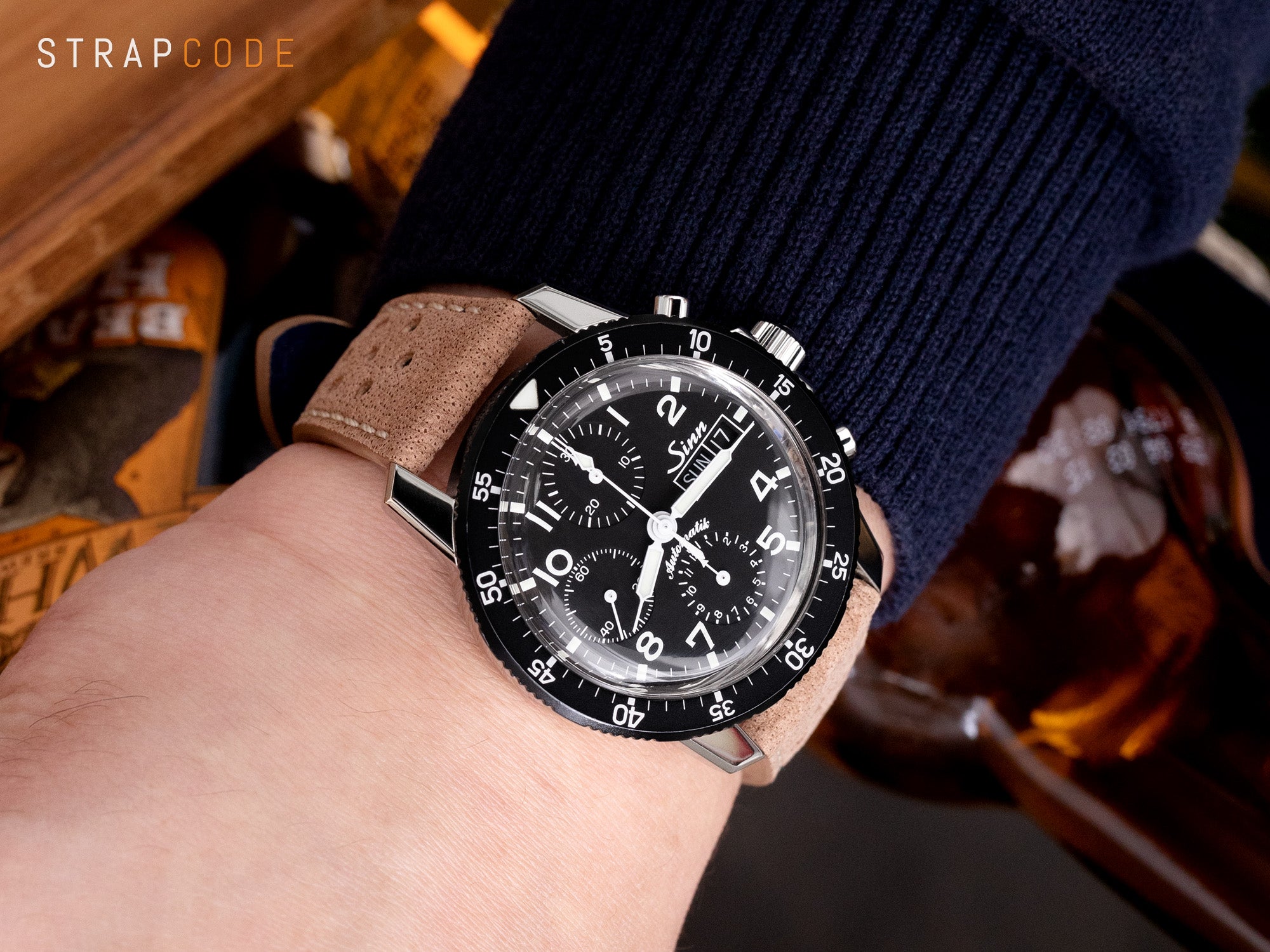 Sinn 103 ST Pilot Chronograph pairs with Nubuck Leather Watch Strap from Strapcode 