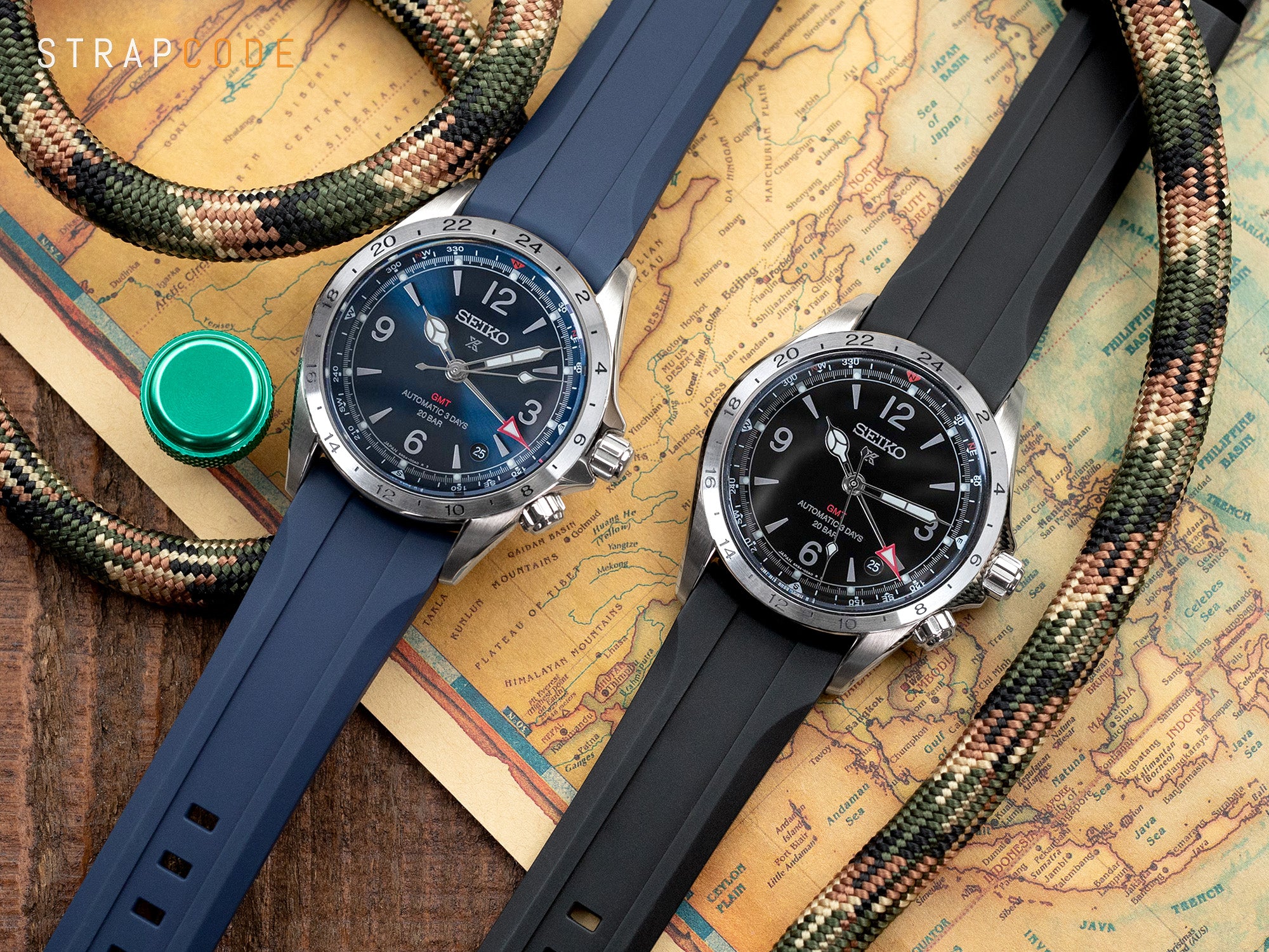 Seiko Alpinist Black GMT and Blue GMT watch bands by Strapcode