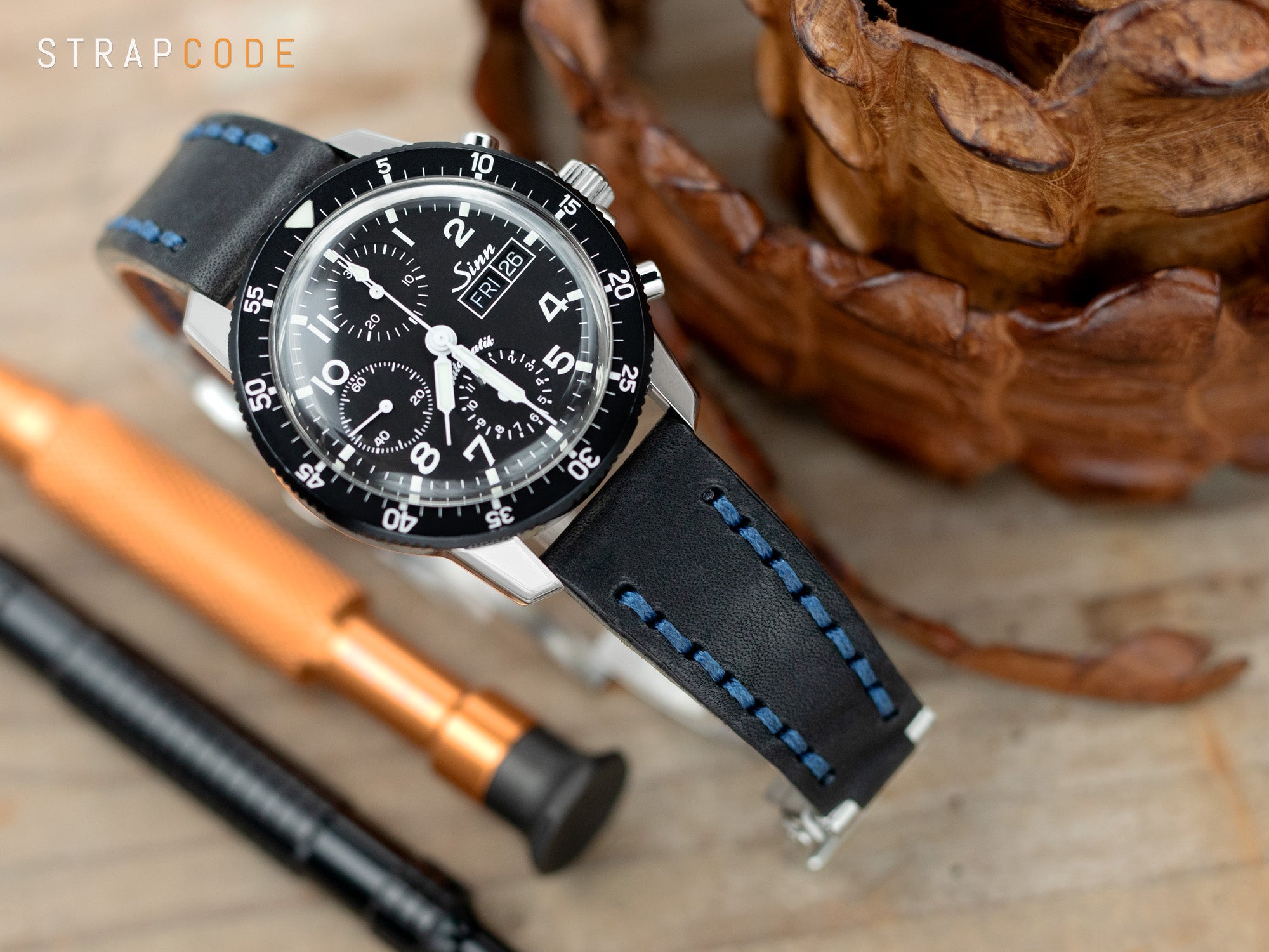 Sinn 103 ST Pilot Chronograph pairs with Griffon One-Piece Italian Leather Watch Band from Strapcode 