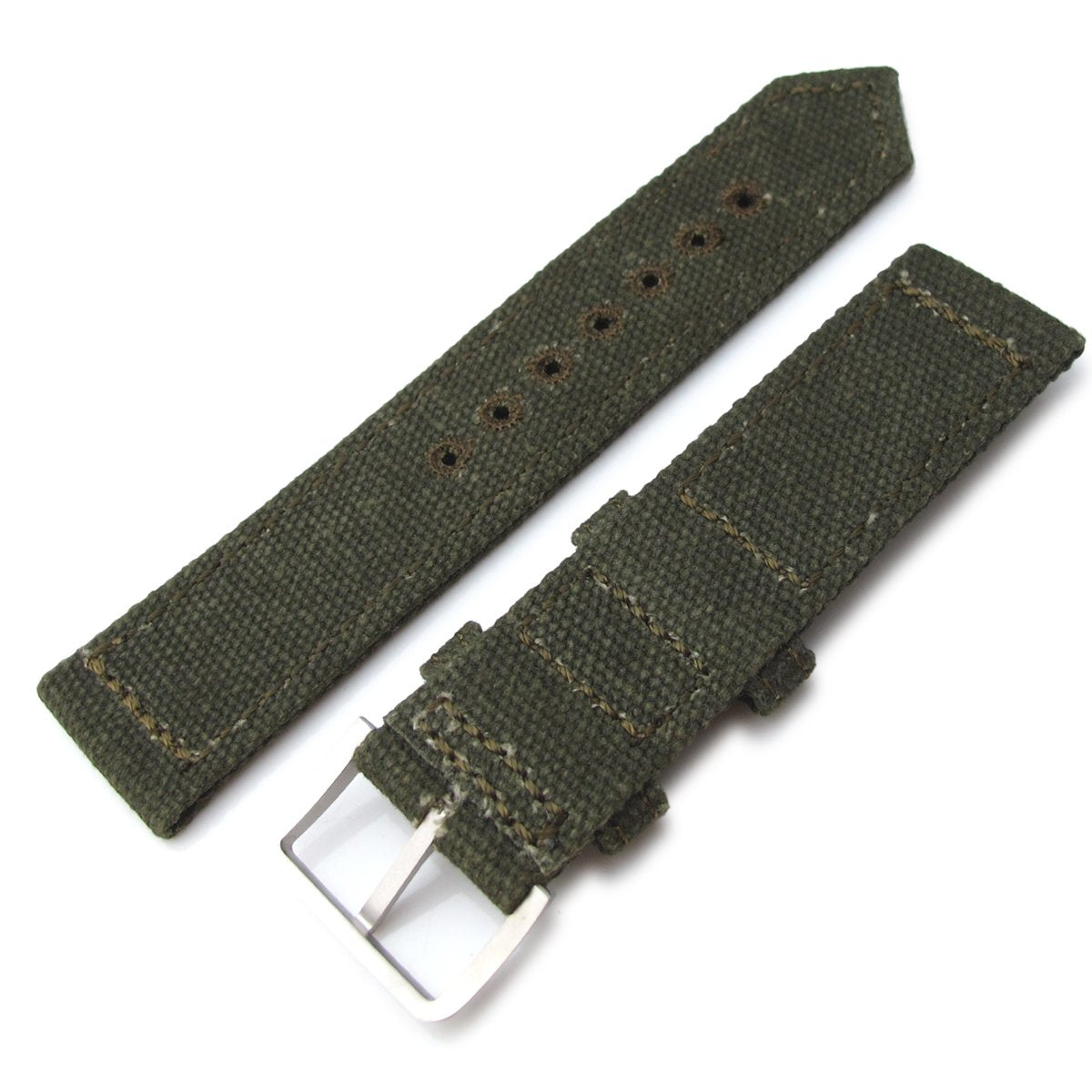 20mm 21mm or 22mm MiLTAT WW2 2-piece Military Green Washed Canvas Watch Band with lockstitch round hole Sandblasted Strapcode Watch Bands