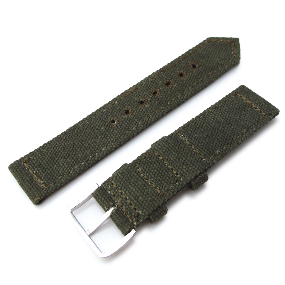 20mm 21mm or 22mm MiLTAT WW2 2-piece Military Green Washed Canvas Watch Band with lockstitch round hole Polished Strapcode Watch Bands