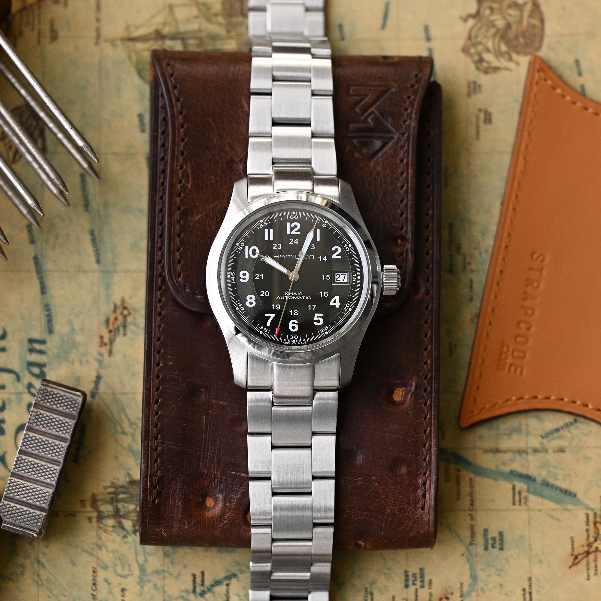 20mm Super-O Boyer Watch Band for Seiko Alpinist SARB017 SPB155 SBEJ005 (compatible with Hamilton Khaki H70455733), Stainless Steel - Brushed, V Diver Clasp