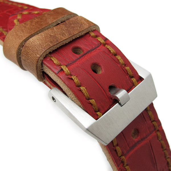 24mm MiLTAT Antipode Watch Strap Matte Red CrocoCalf in Tan Hand Stitches