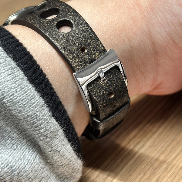 Leather watch band with double pin buckle and metal loop