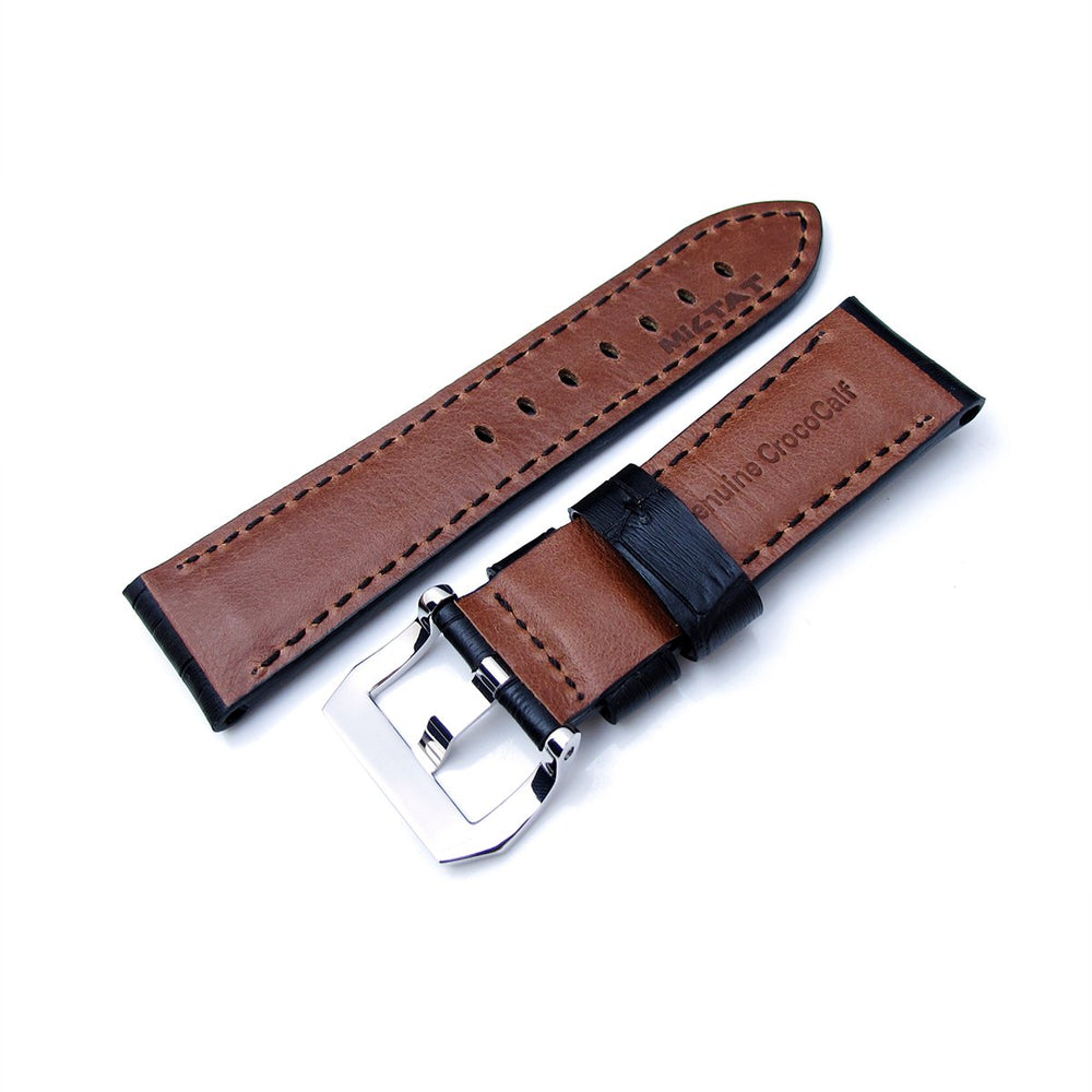 24mm Croco Grain Matte Black Watch Strap with Black Stitches | Strapcode