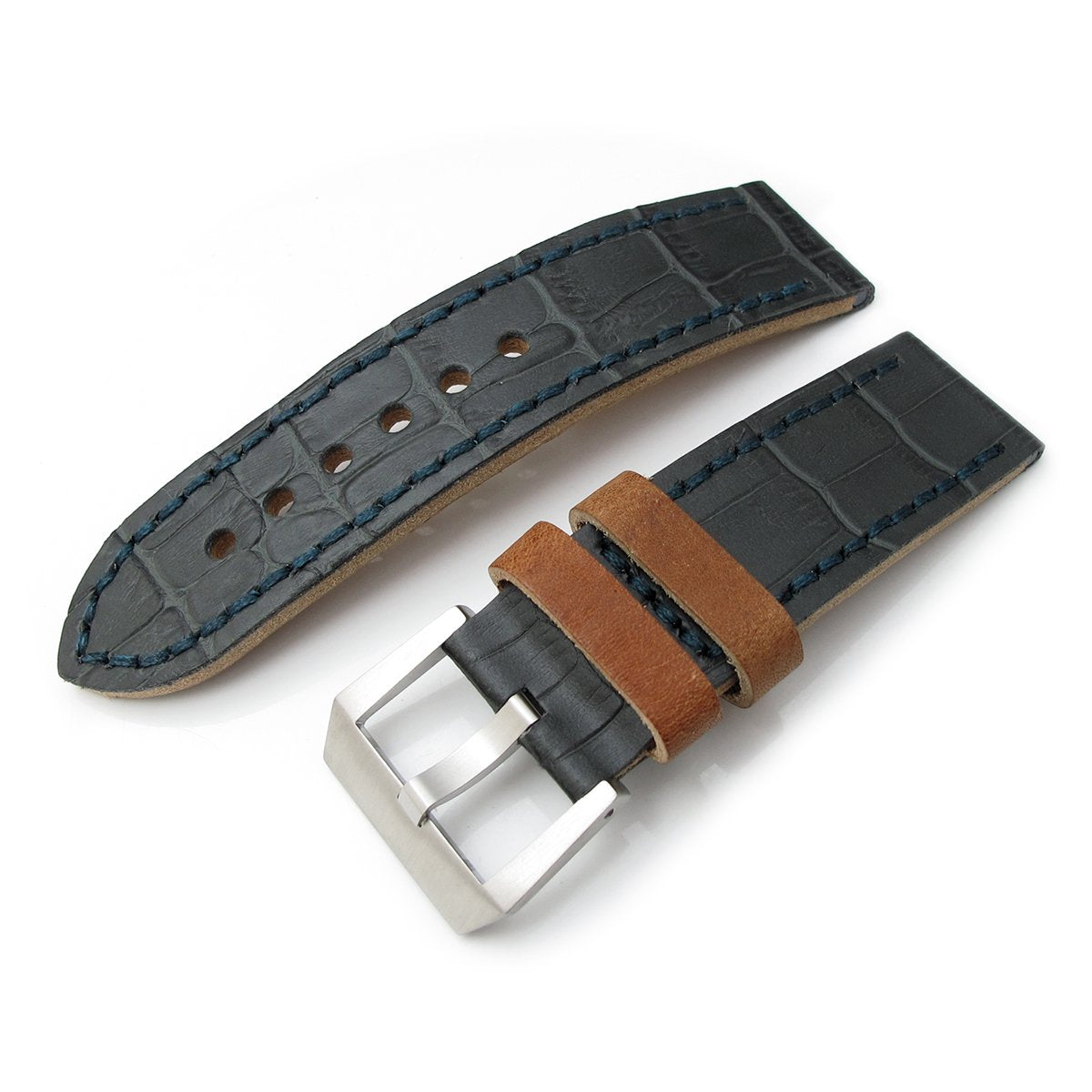 24mm MiLTAT Antipode Watch Strap Dark Grey CrocoCalf in Lake Blue Hand Strapcode