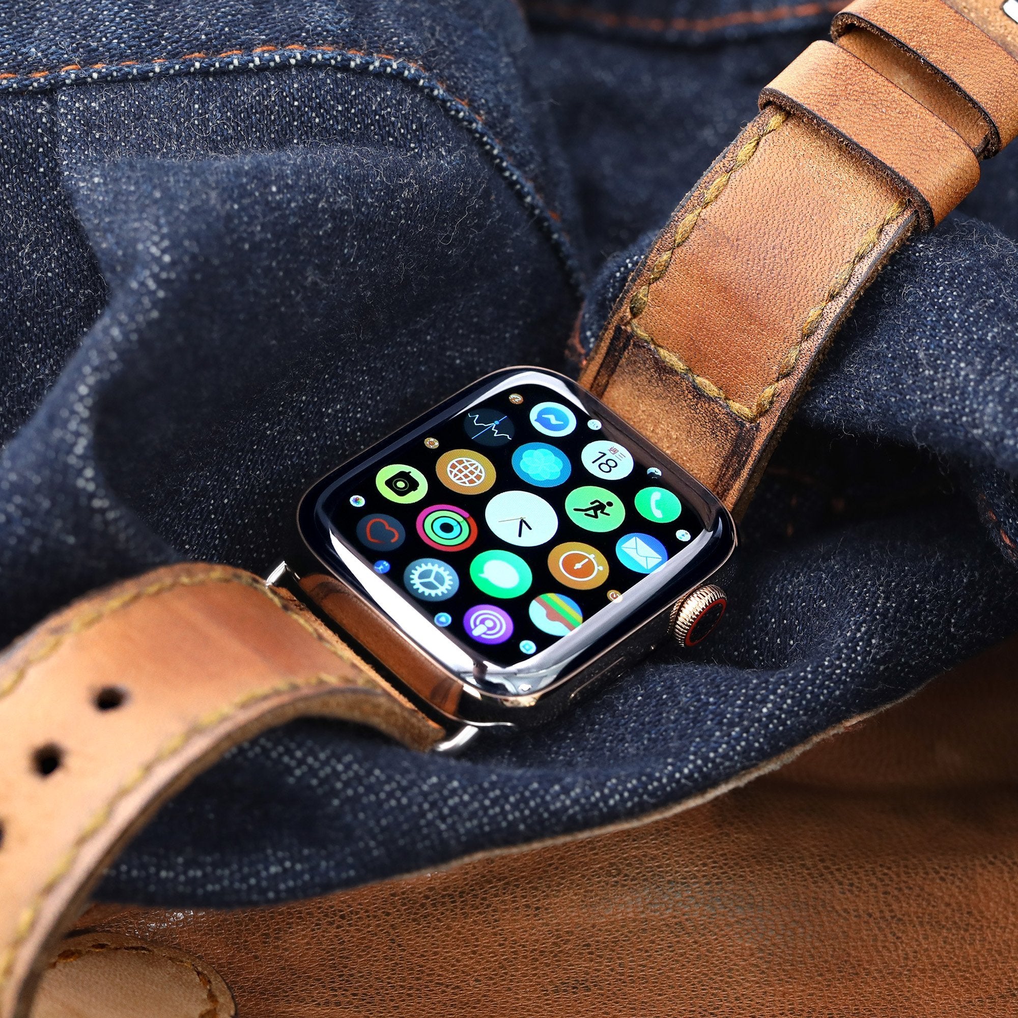 24mm Brown Handmade Apple watch 4, Quick Release Leather Watch