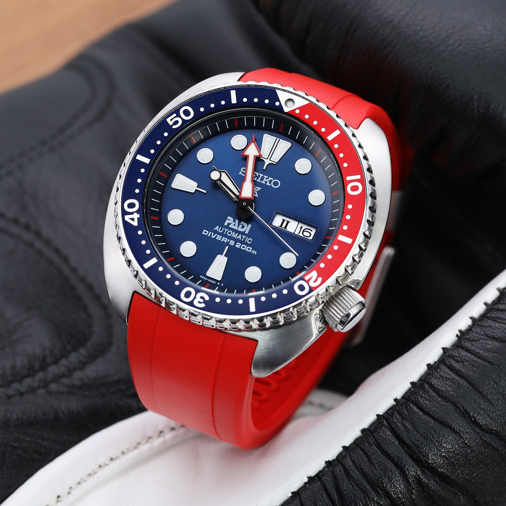 Seiko Turtle Crafter Blue Red Curved End Rubber Straps | Strapcode