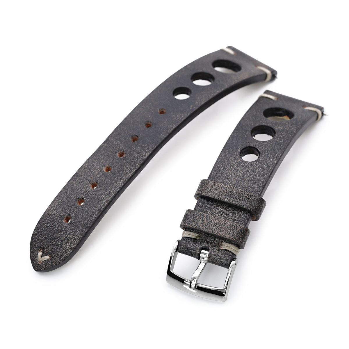 Watch strap 18mm light green leather smooth metallic effect stitched by  TZEVELION (width of buckle 16 mm)